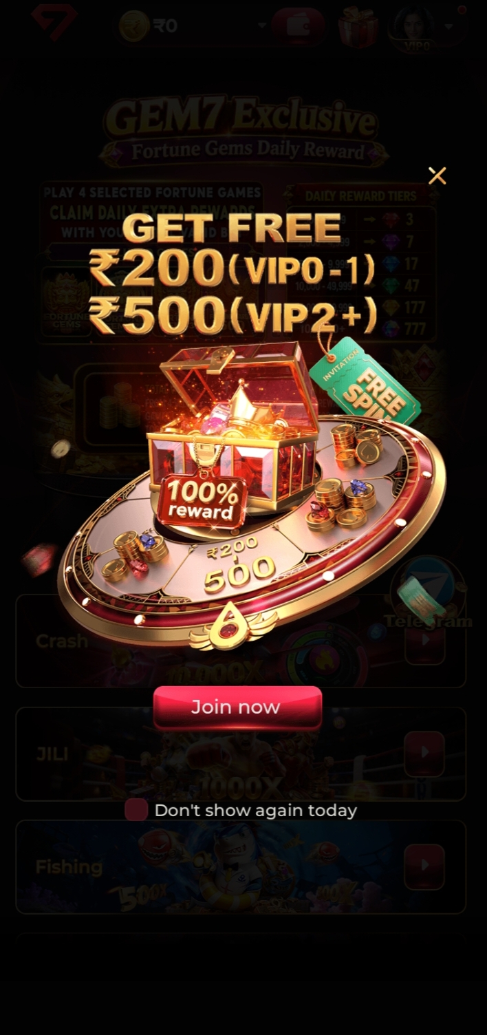 GEM7 invitation bonus promotion offering free ₹200 for VIP0 users and ₹500 for VIP2+ members.