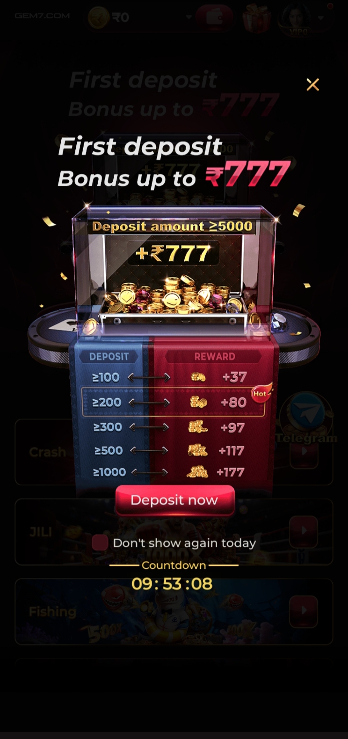 GEM7 first deposit bonus offer with rewards up to ₹777 for new users making their initial deposit.