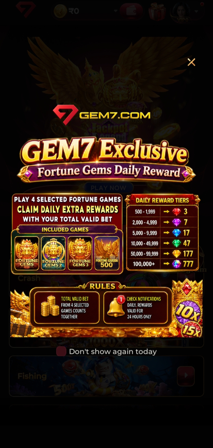 GEM7 Exclusive Fortune Gems Daily Reward event showing daily reward tiers, extra bonuses, Fortune Gems games, and valid bet rewards.