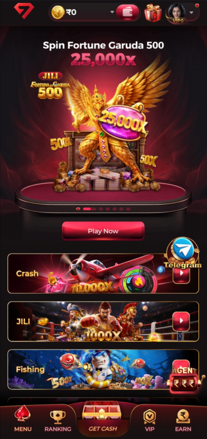 GEM7 gaming dashboard featuring Fortune Garuda 500, Crash, JILI, Fishing games, VIP rewards, and earning options.
